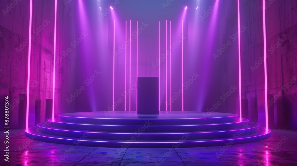 Wall mural purple neon lights illuminate a circular platform with a block in an empty room
