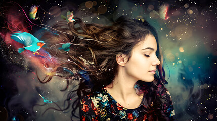 A woman with flowing hair and colorful birds in a dreamy, blue and red, abstract background evokes freedom and imagination. 
