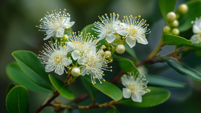The blooms of myrtus communis often known as real tree or plain cherry
