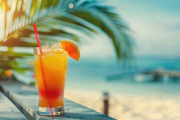 Exotic summer drinks   blur sandy beach on background
