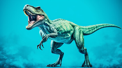Green dinosaur roaring against a blue and white background, a prehistoric predator,  evoking fear and excitement for a Jurassic adventure. 
