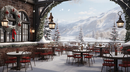 Snowy outdoor cafe with mountain views. Cozy winter scene.
