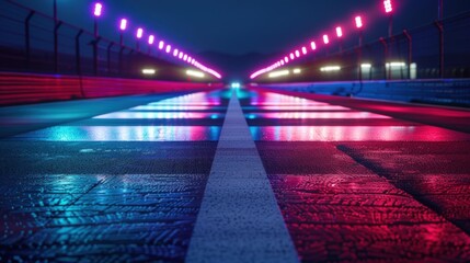 Wet asphalt race track illuminated by neon lights at night
