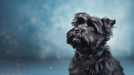 A black dog with brown eyes looking up with a blue and white background,  evoking  a sense of curiosity and wonder. 
