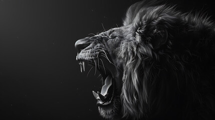 A dramatic black and white image of a roaring lion, conveying power, strength, and wildness. 
