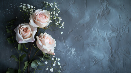 Delicate pink roses and white baby's breath on a textured grey background, perfect for romantic wedding or anniversary designs. 
