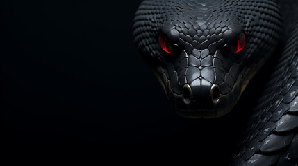 Black snake with red eyes, dark background, danger, mystery, fear,  wildlife photography. 
