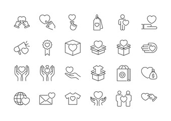 heart vector. Donation and Charity thin line icon. Volunteer help, Global hunger, Food box. Helping hand, heart donation and treatment service line icons. Blood Collection, Money Charity and Food Care