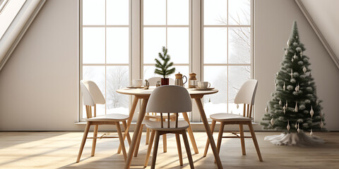 Obraz premium Minimalist white and wood dining room with a snowy Christmas tree, perfect for a cozy winter holiday gathering. 