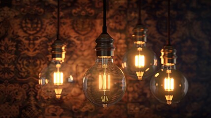 Obraz premium Three illuminated light bulbs in a dark chandelier