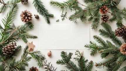 Christmas tree branches and paper card display in creative arrangement Flat lay with a natural New Year theme