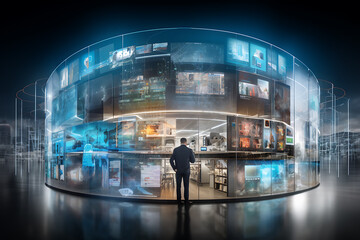 Fototapeta premium A futuristic businessman stands in front of a large, curved screen displaying data and information, showcasing the power of technology and innovation. 