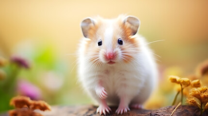 Cute hamster with white fur, orange and brown colors, in a soft and blurry background, evokes a feeling of warmth and innocence, perfect for pet-related projects. 
