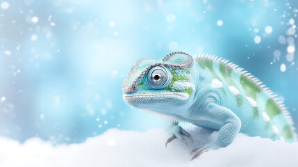 Blue chameleon on white snow with a blue and white bokeh background, winter wonderland, fantasy, magic. 
