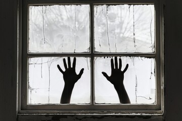 Ghostly silhouette of a window: mysterious figure in bluish-gray ambiance
