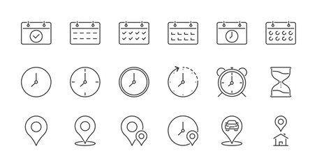 Time, date and address concept editable stroke outline icons set isolated on white background flat vector illustration. Pixel perfect. 64 x 64.