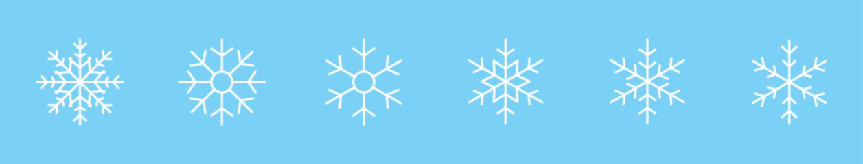 Snowflake icon set. Snowflake white ice crystal ornament on a blue background. Winter symbol. Christmas logo sign. Vector illustration. Editable stroke.