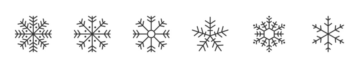Snowflake icon set. White ice crystals snowflakes on a white background. Winter symbol. Christmas logo sign. Vector illustration. Editable strokes.