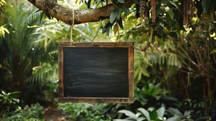 Charming Rustic Chalkboard Sign on Tree Branch in Lush Garden - Customize Your Message!