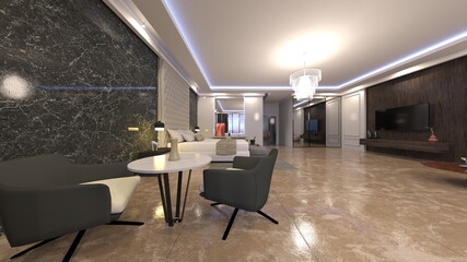 大きな窓があるリビングルーム　3DCGレンダリング