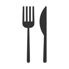 A flat fork and knife icon isolated on a white background for websites and apps.