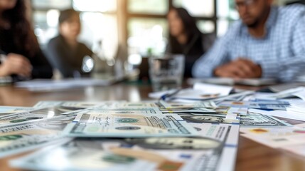 Fototapeta premium Collaborative Financial Brainstorming Among Colleagues in Blurred Office Setting