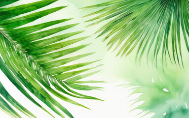 Fototapeta premium Green tropical palm leaves on white background. Watercolor illustration of plants. Green jungle leaf painting for banner, poster, greeting card. Minimal floral backdrop
