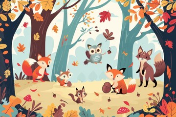 Cute woodland scene with animals and autumn leaves