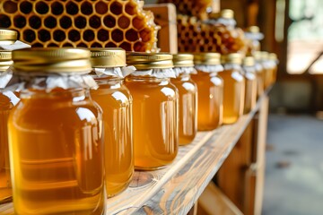 A set of artisanal honey jars with a honeycomb pattern in the background