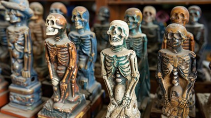 Obraz premium Colorful skeleton figurines on display in a shop