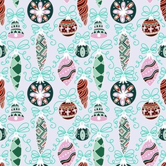 Cartoon retro Christmas tree balls seamless new year ethnic ornaments pattern