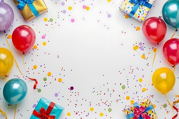 Colorful balloons and gifts arranged on a white background with confetti, birthday party banner template with space for text, in a bold and dynamic style.