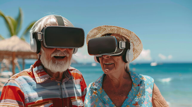 Senior couple wearing virtual reality glasses enjoying metaverse on the beach - Powered by Adobe