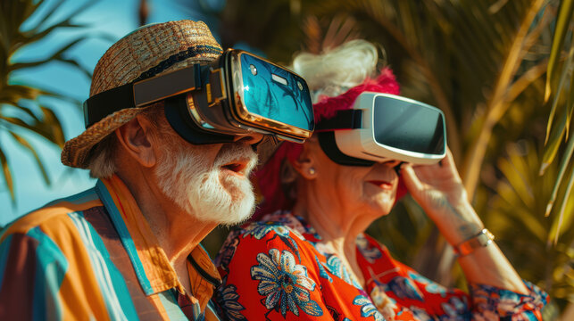 Senior couple wearing virtual reality glasses enjoying metaverse on the beach