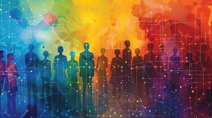 Digital Connections: Abstract Representation of Interconnected People on Colorful Tech Background