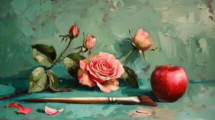 Painting of roses apple and brush on green backdrop