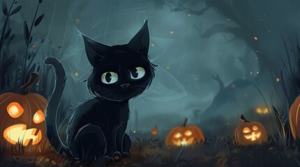 Black cat sitting near jack o' lantern pumpkins in foggy forest on halloween night