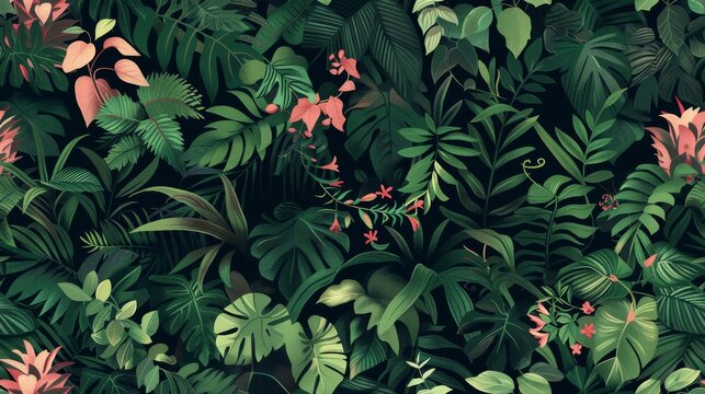 A vibrant seamless pattern features lush tropical foliage with various leaves and flowers in green and pink shades. It is suitable for art, design, textile, and botanical projects