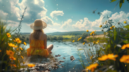 Young woman wearing straw hat enjoying sunny day sitting by the lake