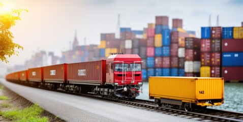 Cargo. Cargo Train. Freight train with cargo containers. Train wagons carrying cargo containers for shipping companies. Distribution and freight transportation using railroads. 