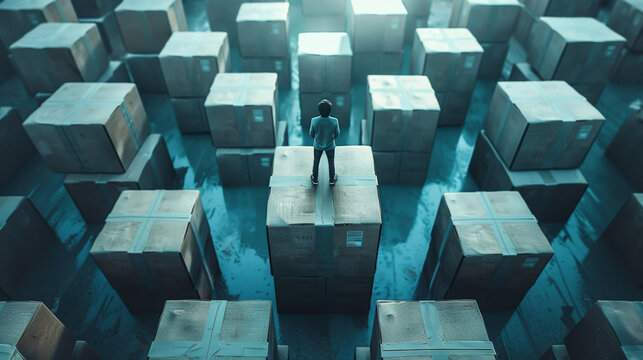 Businessman standing on a box looking at an endless maze of cardboard boxes, surreal illustration