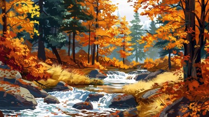 Autumn stream flowing through a forest