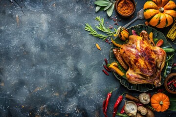 Roasted whole bird with sauce and autumn vegetables  Thanksgiving concept