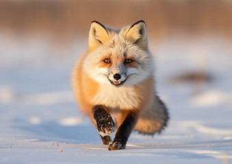 Fototapeta premium A red fox running towards the camera in a snowy landscape with white, orange and black colors, evoking a sense of winter wonder and playful energy. 