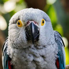 Obraz premium Grey parrot with bright yellow eyes in the jungle