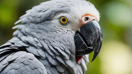 Obraz premium Grey parrot with vivid yellow eyes and grey feathers in the forest