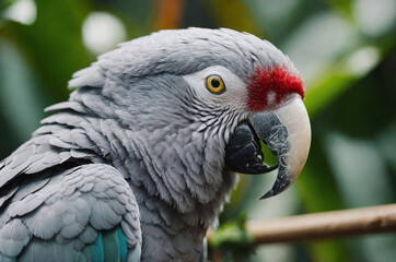 Obraz premium Grey parrot with red and grey feathers in the forest