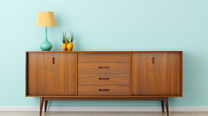 Mid-century modern furniture,  blue, brown, yellow,  retro home decor,  minimalist style,  clean lines,  a sense of calm and sophistication. 
