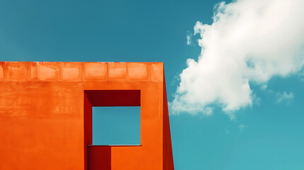 Minimalist orange wall with a window, blue sky and white cloud,  modern architecture,  abstract design,  concept of freedom and simplicity. 
