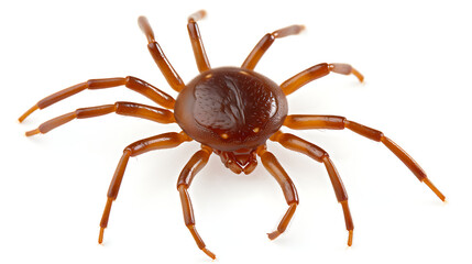 A macro shot of a brown spider with eight hairy legs,  isolated on a white background, showcasing the intricate details of its anatomy. 
